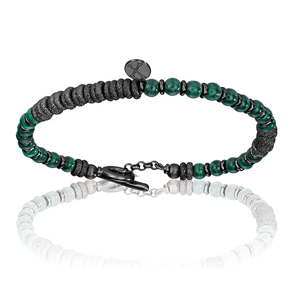 Men's Green Malaquite Stone Beaded Bracelet With Black Pvd Beads Unisex Double Bone Bracelets