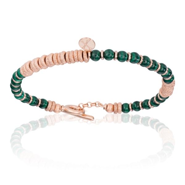 Men's Green Malaquite Stone Beaded Bracelet With Rose Gold Beads Unisex Double Bone Bracelets