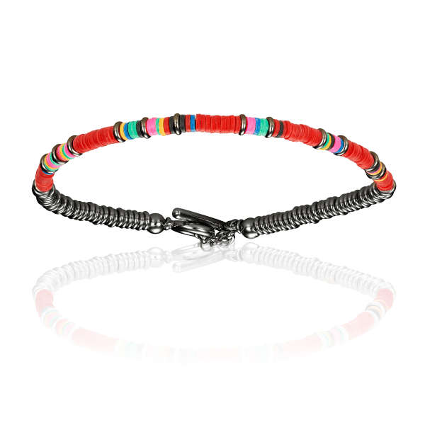 Men's Multicolor Red African Beaded Bracelet With Black Pvd Beads Unisex Double Bone Bracelets