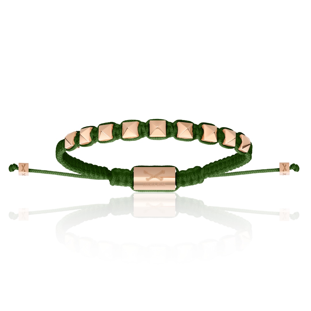 Men's Pink Gold Studs With Military Green Polyester Bracelet Unisex Double Bone Bracelets