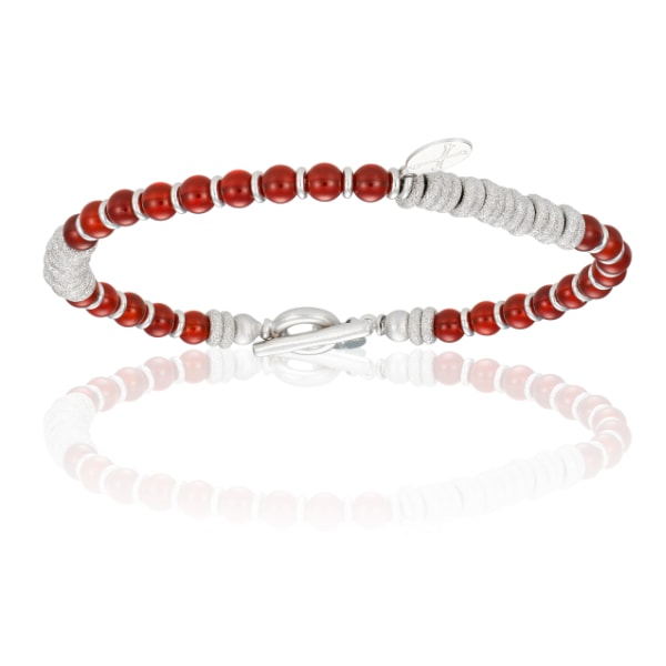 Men's Red Agate Stone Beaded Bracelet With White Gold Beads Unisex Double Bone Bracelets