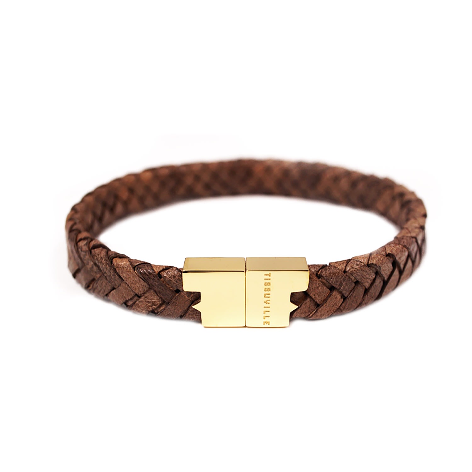 Men's Tobacco Brown Braided Leather Bracelet With Gold-Plated Hardware - Brown Tissuville