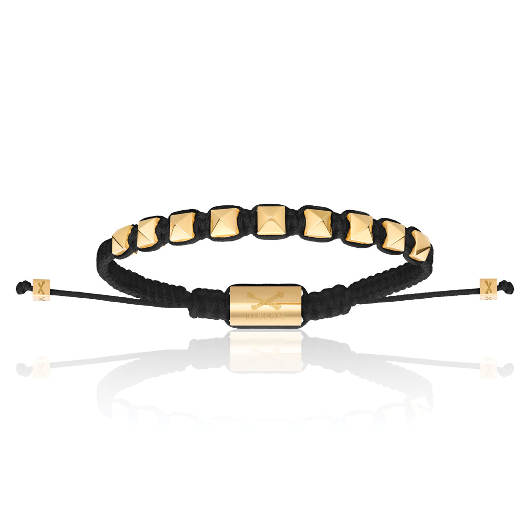 Men's Yellow Gold Studs With Black Polyester Bracelet Unisex Double Bone Bracelets