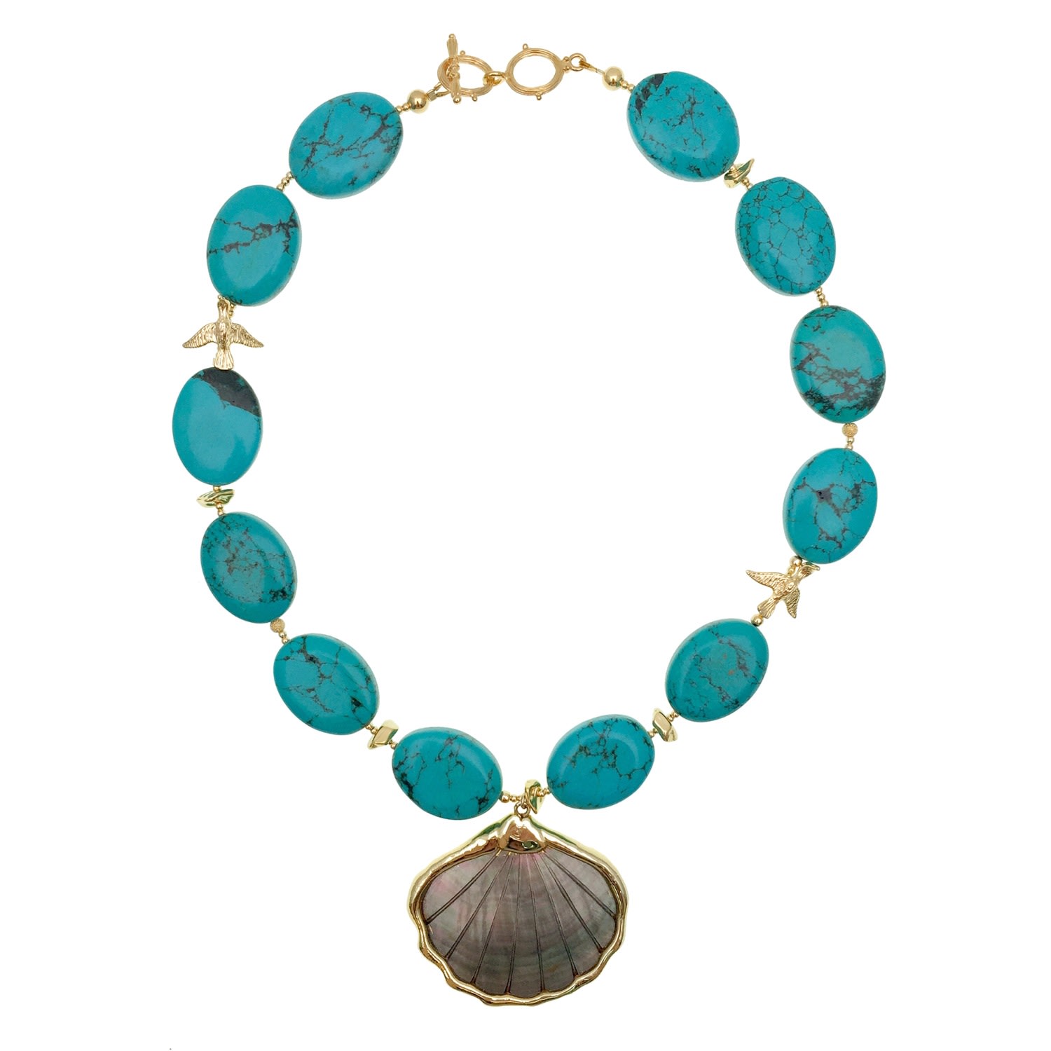 Women's Blue Turquoise With Shell Pendant Short Necklace Farra