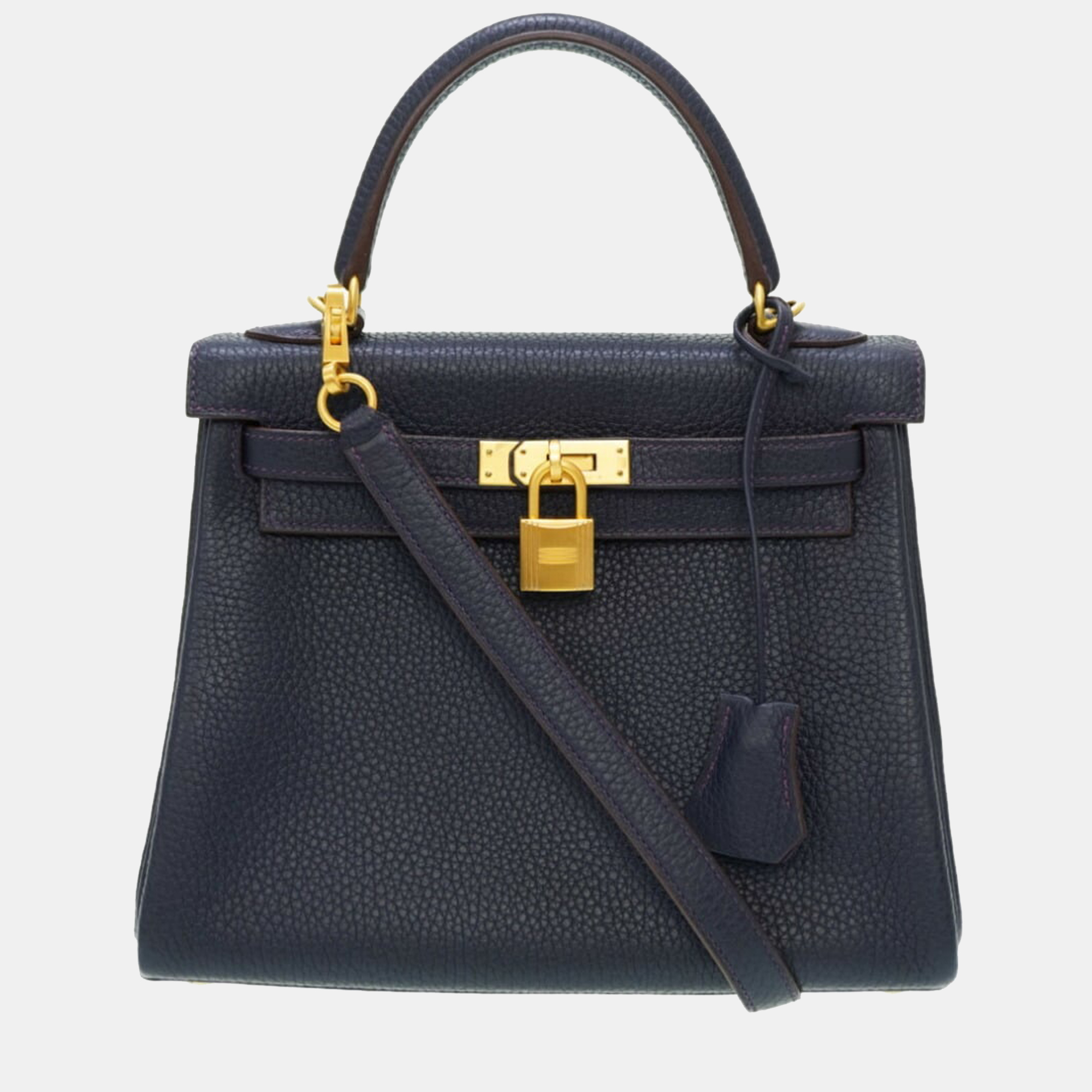 Hermes Kelly 25 Togo Bleu Nuit D Engraved Personal Order Matte Special Handbag with Shoulder Strap