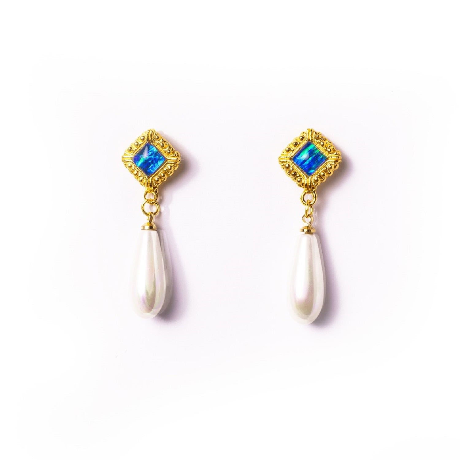 Women's Blue / Green / Gold Devotion Detailed Gold Border Opal & Pearl Dangle Earrings EUNOIA Jewels
