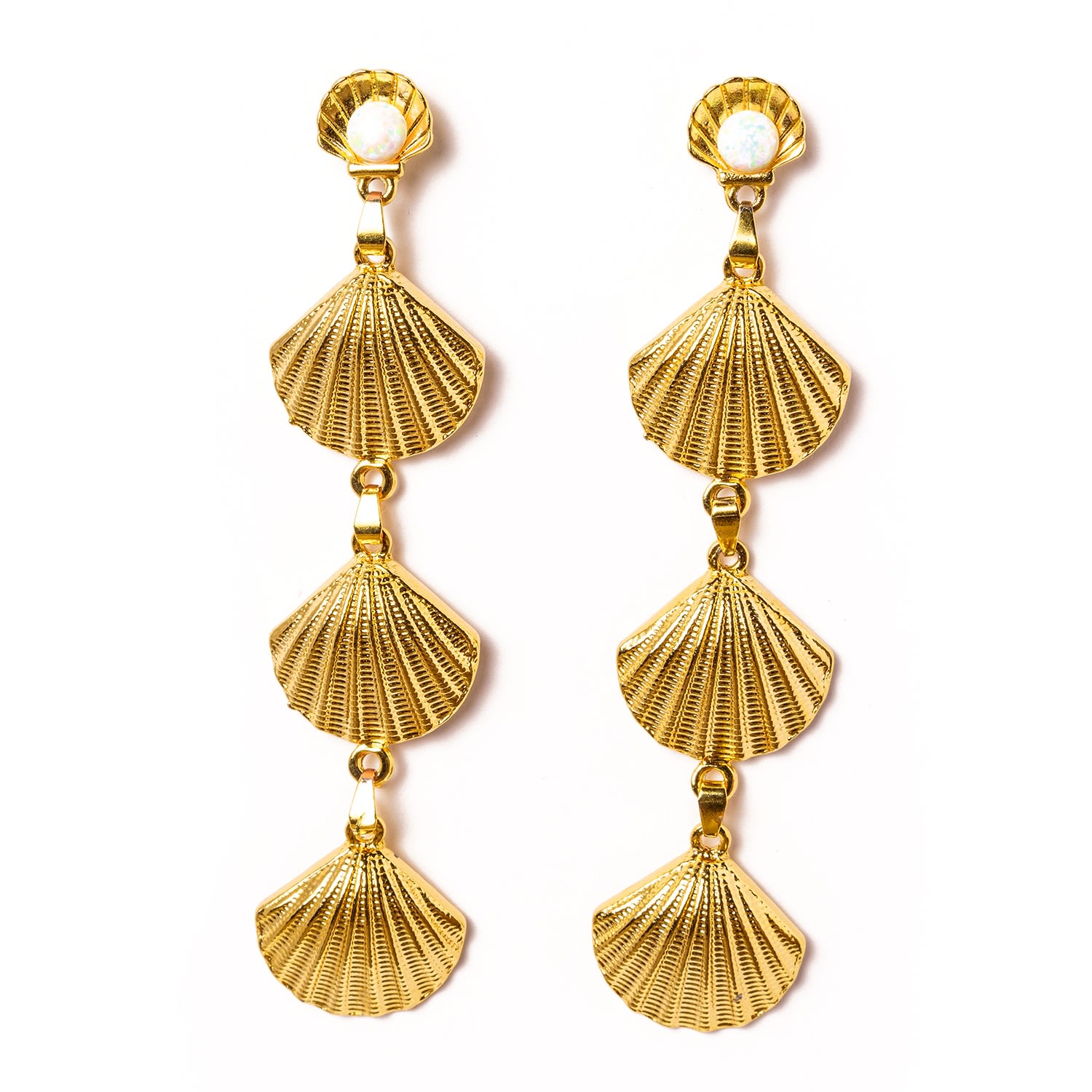Women's Gold / White Evoke 3 Tier Gold Shell White Opal Dangle Earrings EUNOIA Jewels