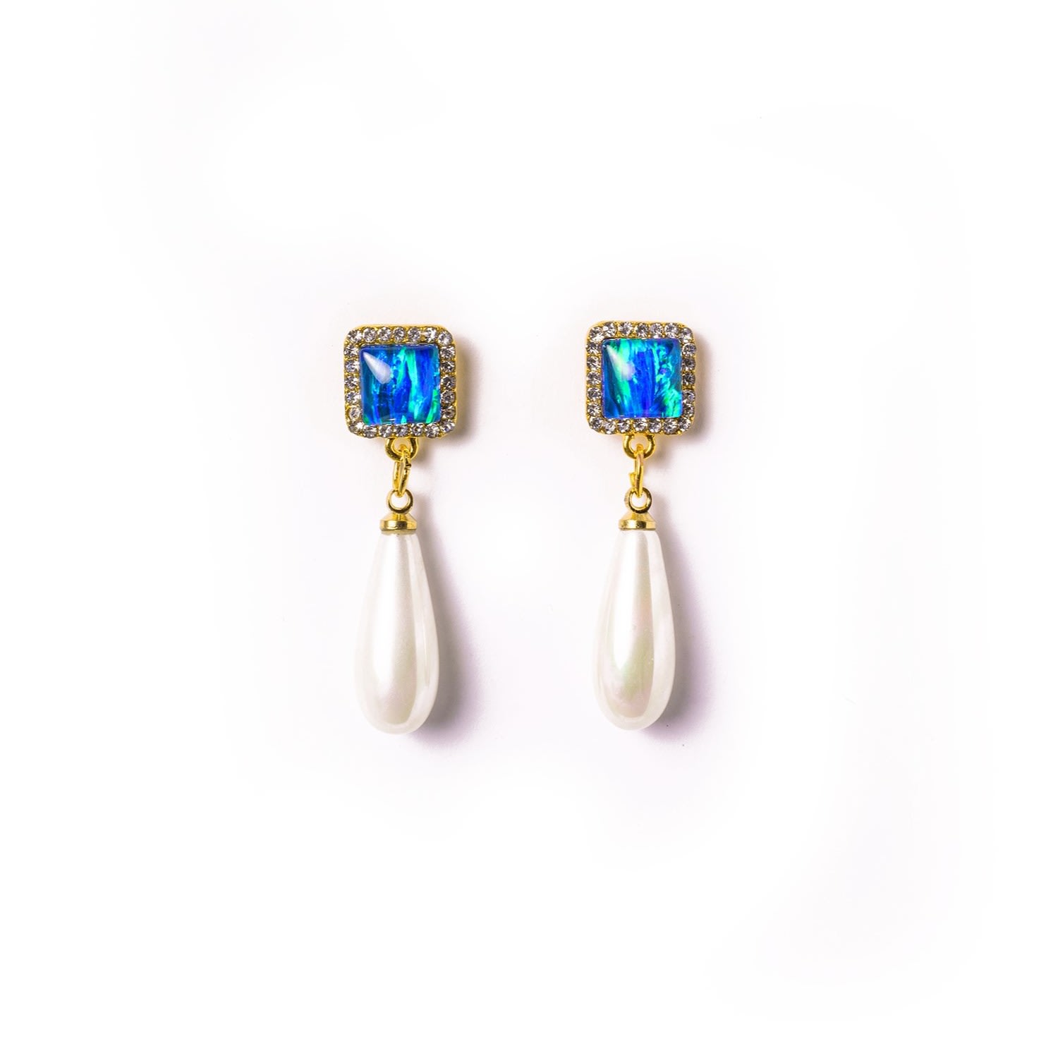 Women's Green / White / Blue Mystic Diamante Opal Statement Earring With Faux Pearl EUNOIA Jewels