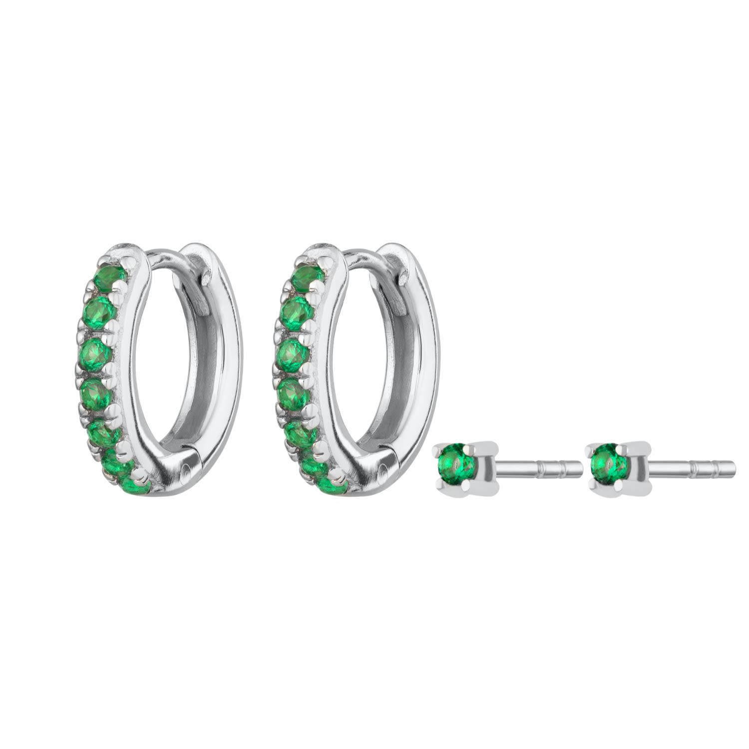 Women's Silver Green Stone Huggie & Tiny Stud Earring Set Scream Pretty