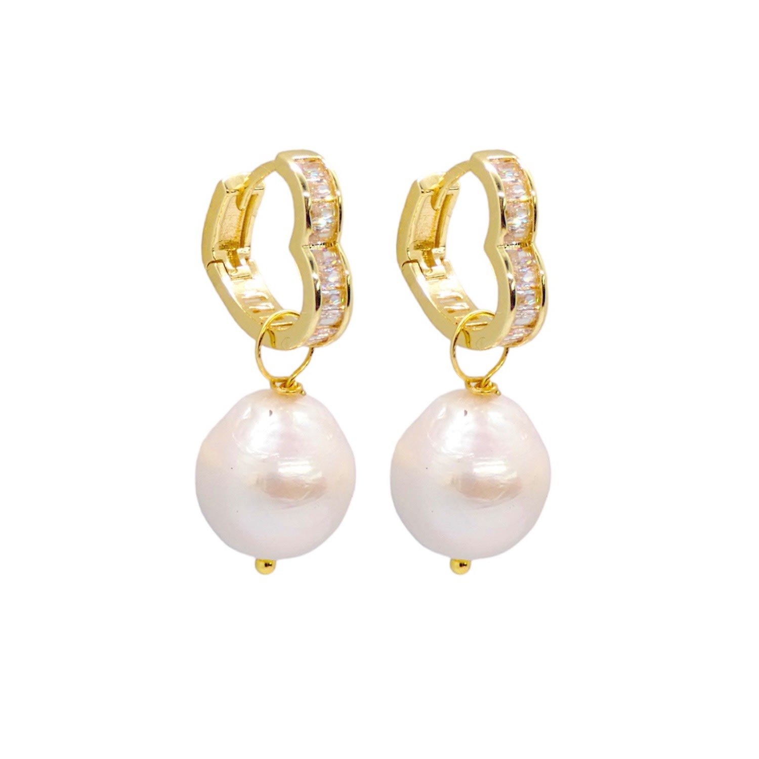 Women's White / Gold Baroque Pearl Heart Crystal Hoop Earrings VALERIE CHIC