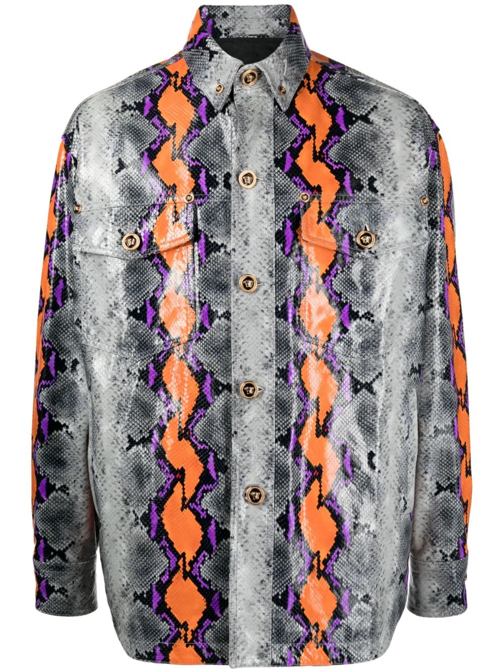 Versace snake-print leather shirt jacket - Grey