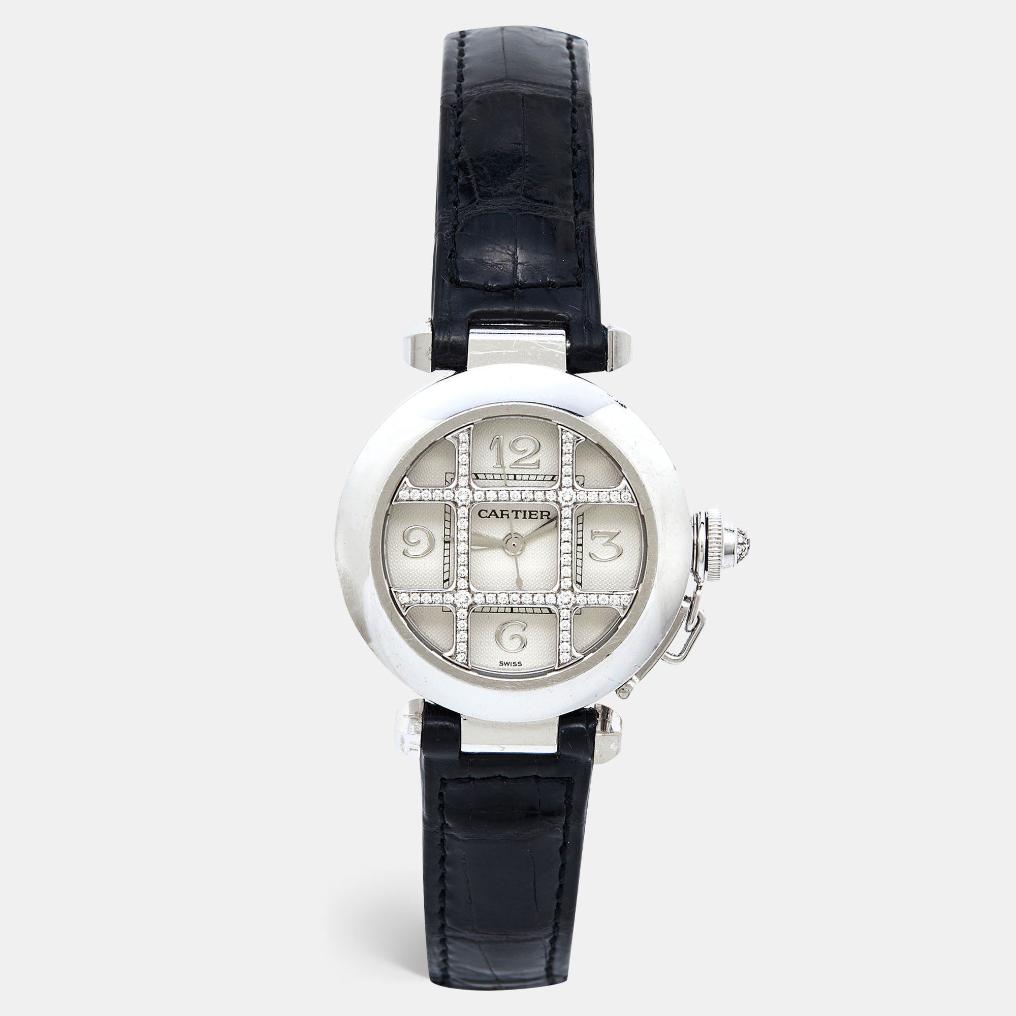 Cartier Silver 18k White Gold Diamond Alligator Pasha WJ116136 Women's Wristwatch 32 mm