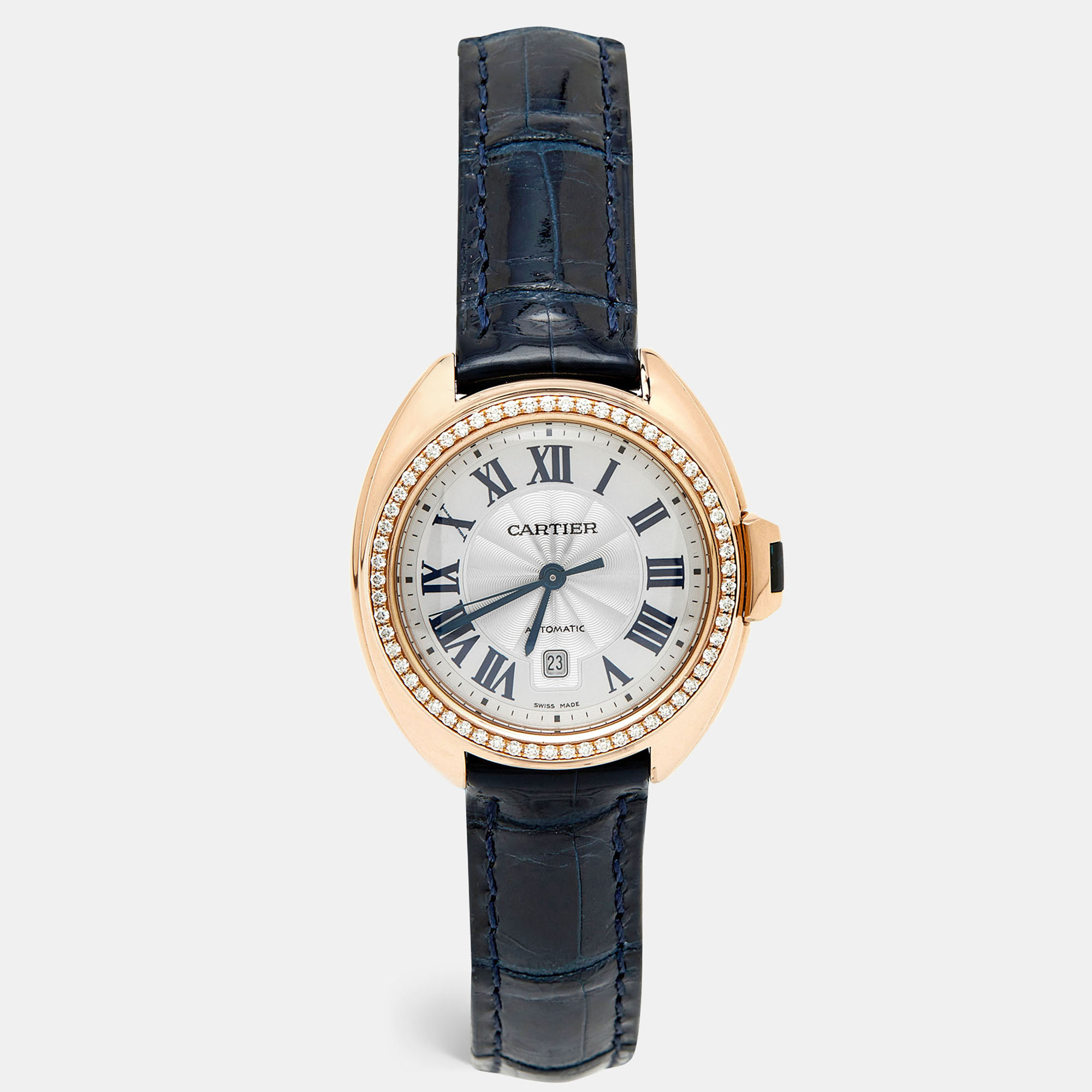 Cartier Silver Diamond 18K Rose Gold Alligator Leather Clé de Cartier WJCL0047 Women's Wristwatch 31 mm
