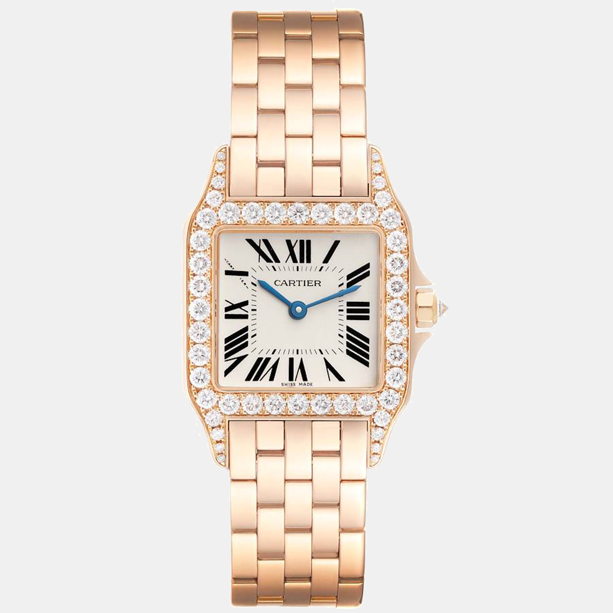 Cartier Silver Diamonds 18K Rose Gold Santos Demoiselle WF9007Z8 Women's Wristwatch 28 mm