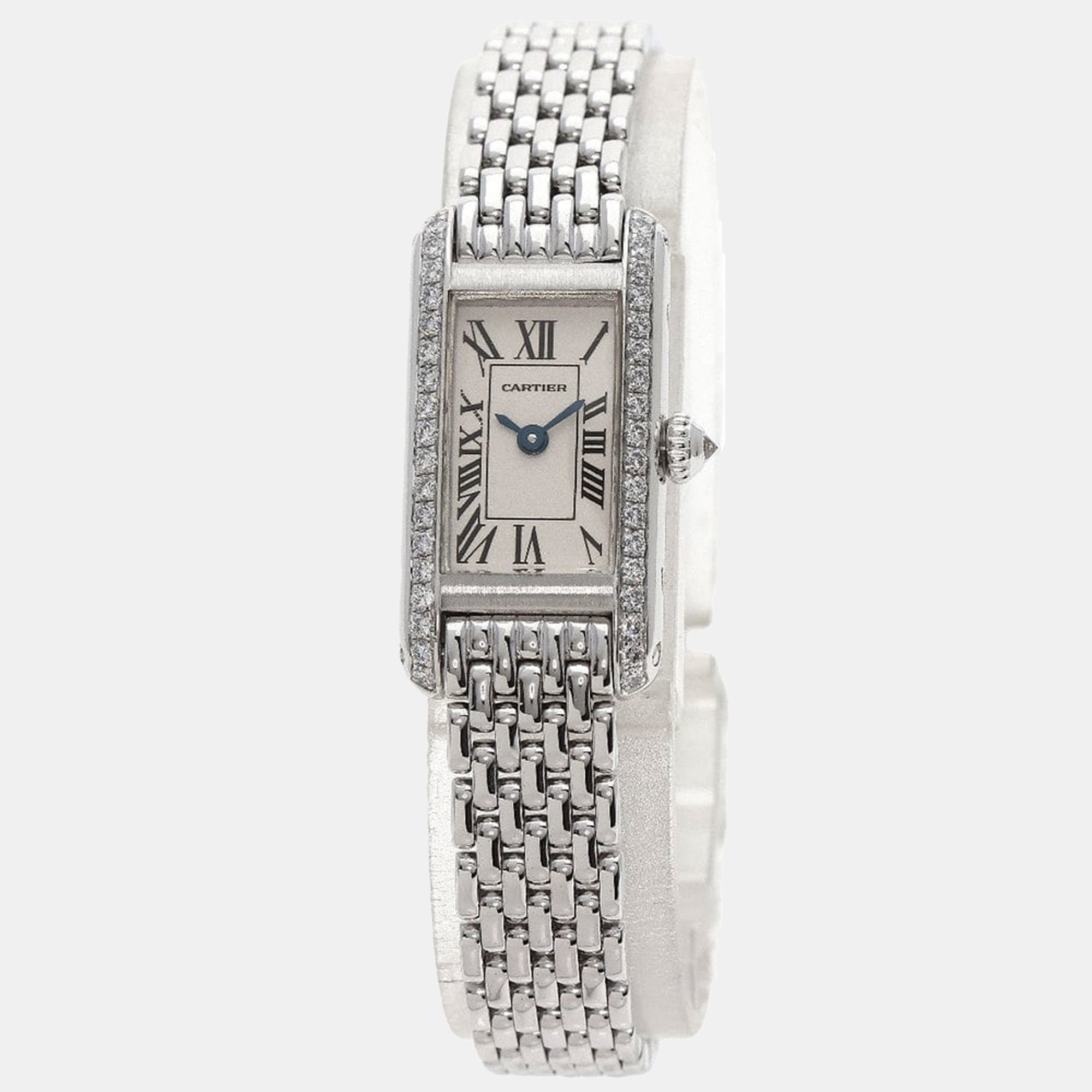 Cartier Silver Diamonds 18K White Gold Tank Americaine WB3026U3 Women's Wristwatch 14 mm