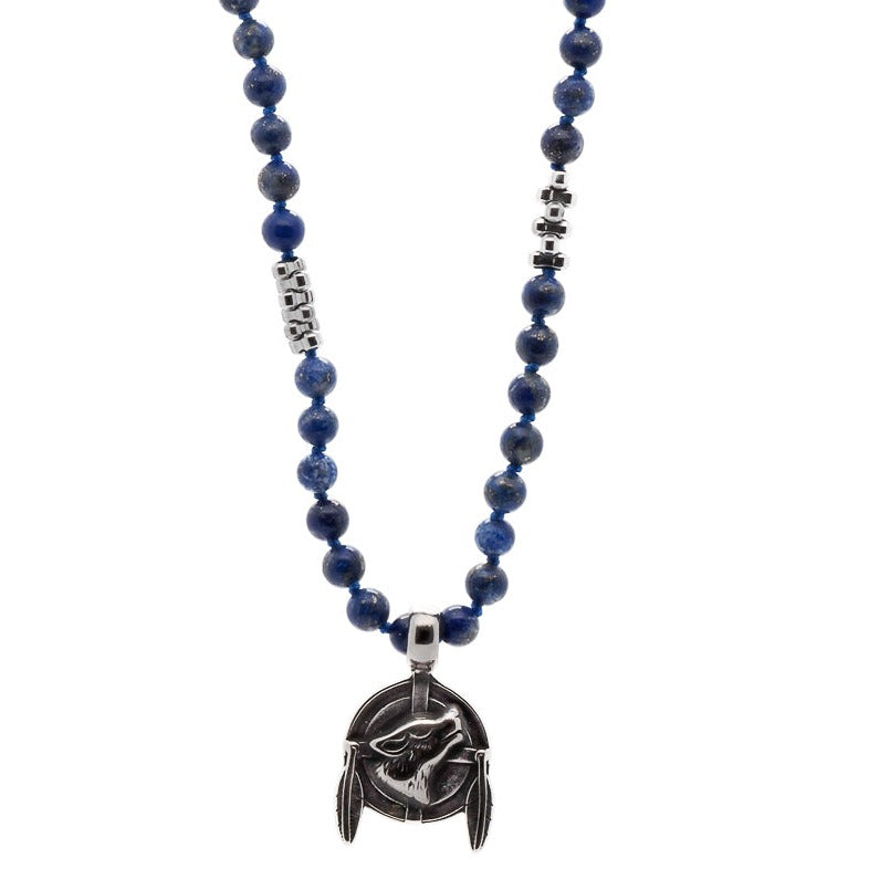 Men's Blue / Silver Lapis Lazuli Stone Beaded Brave Wolf Necklace - Blue Ebru Jewelry
