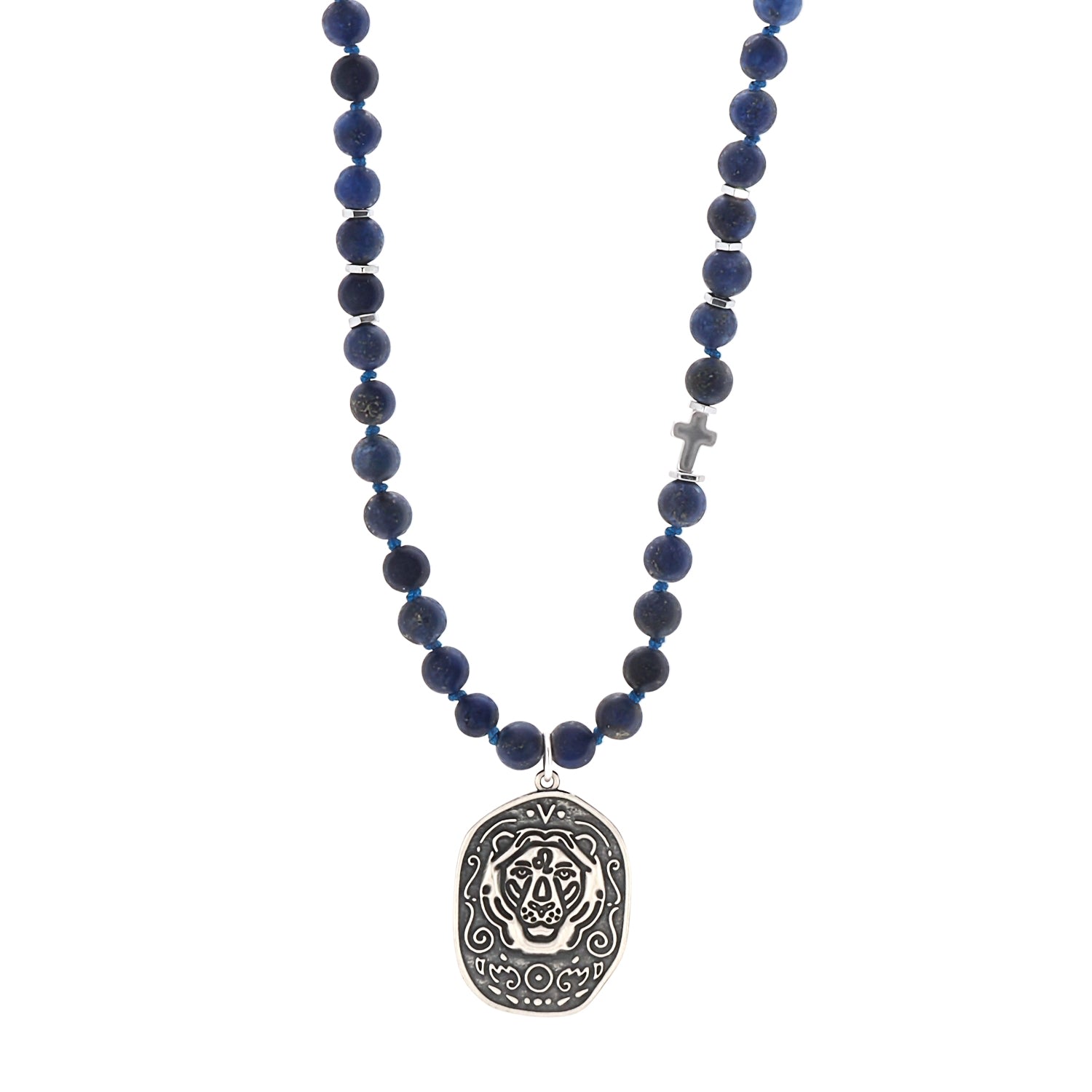 Men's Blue / Silver Spiritual Lapis Lazuli Lion Beaded Necklace - Blue Ebru Jewelry