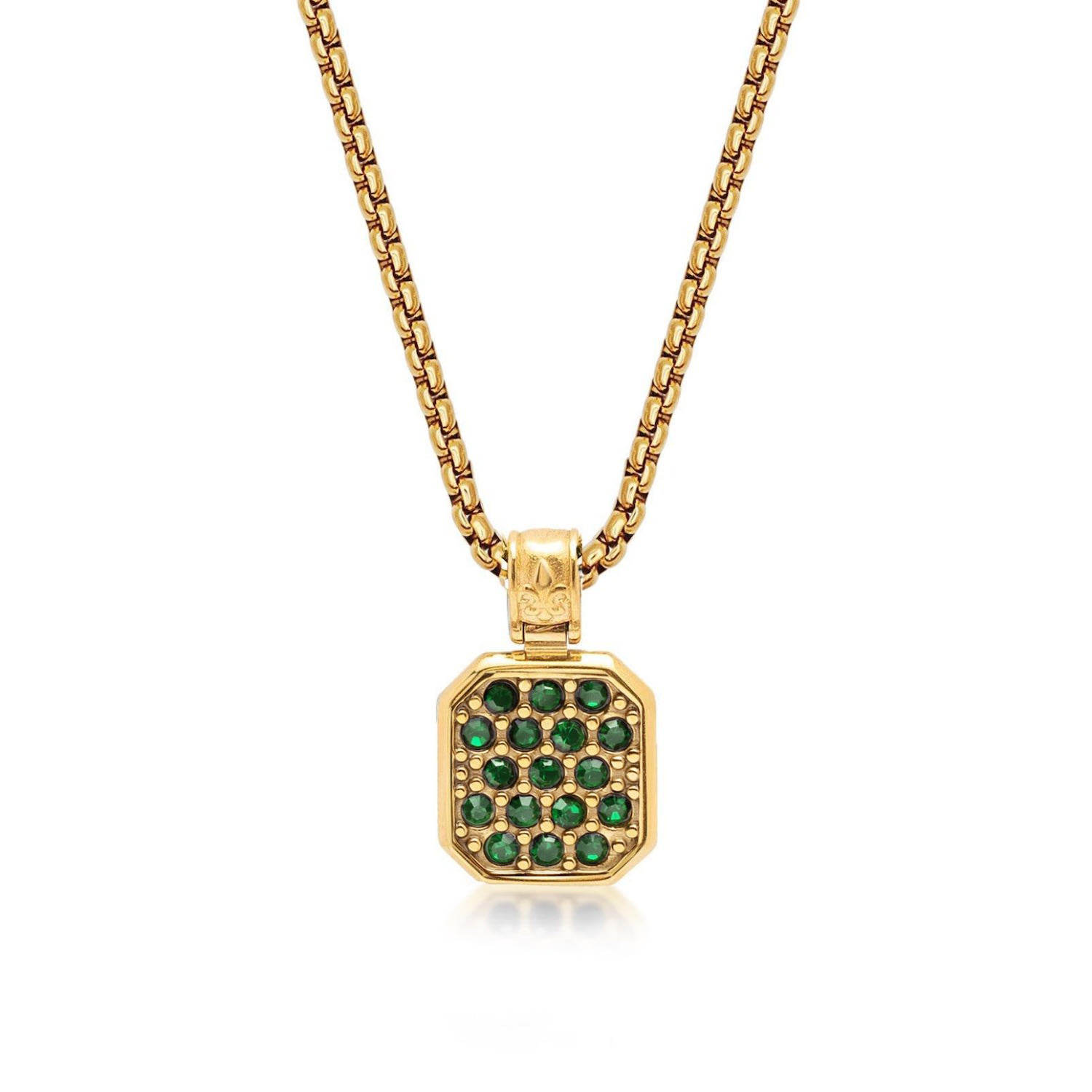 Men's Gold / Green Gold Necklace With Green Cz Square Pendant Nialaya