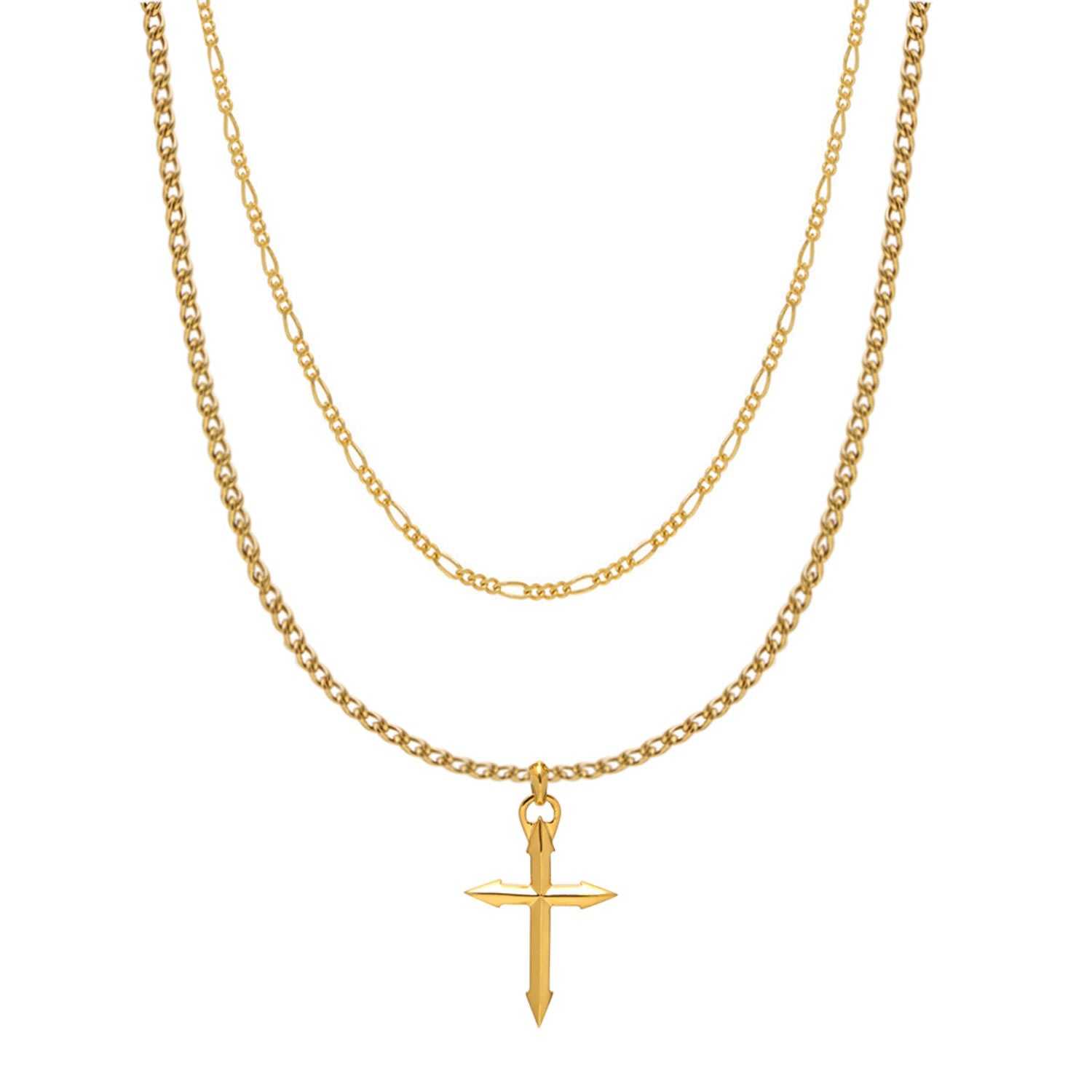 Men's Gold Medium Figaro & Cross Chain Necklace Set Northskull
