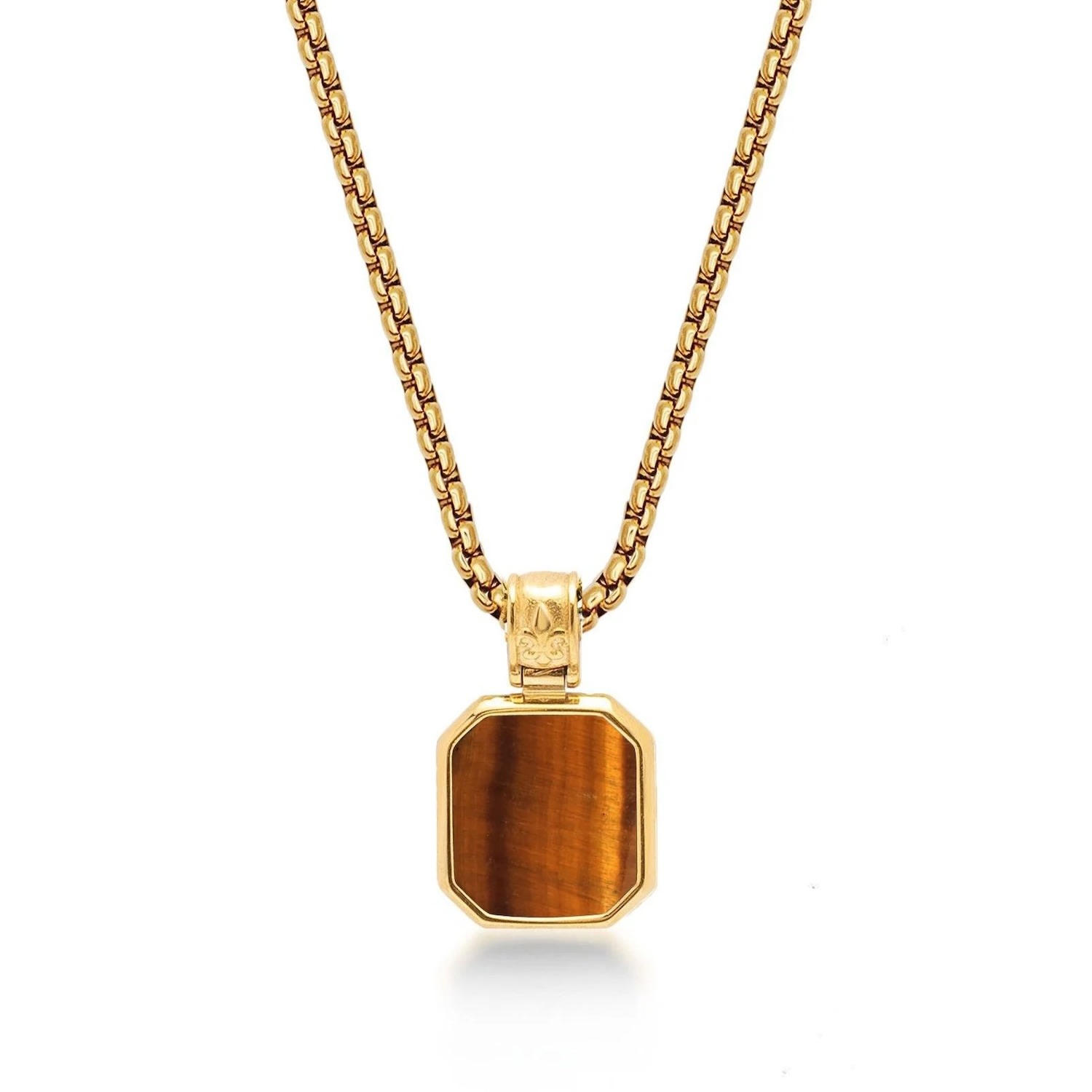 Men's Gold Necklace With Square Brown Tiger Eye Pendant Nialaya
