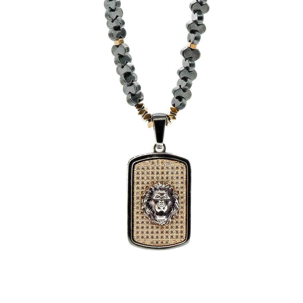 Women's Silver / Gold / Black Sterling Silver Powerful Lion Black Beaded Men's Necklace - Silver Ebru Jewelry