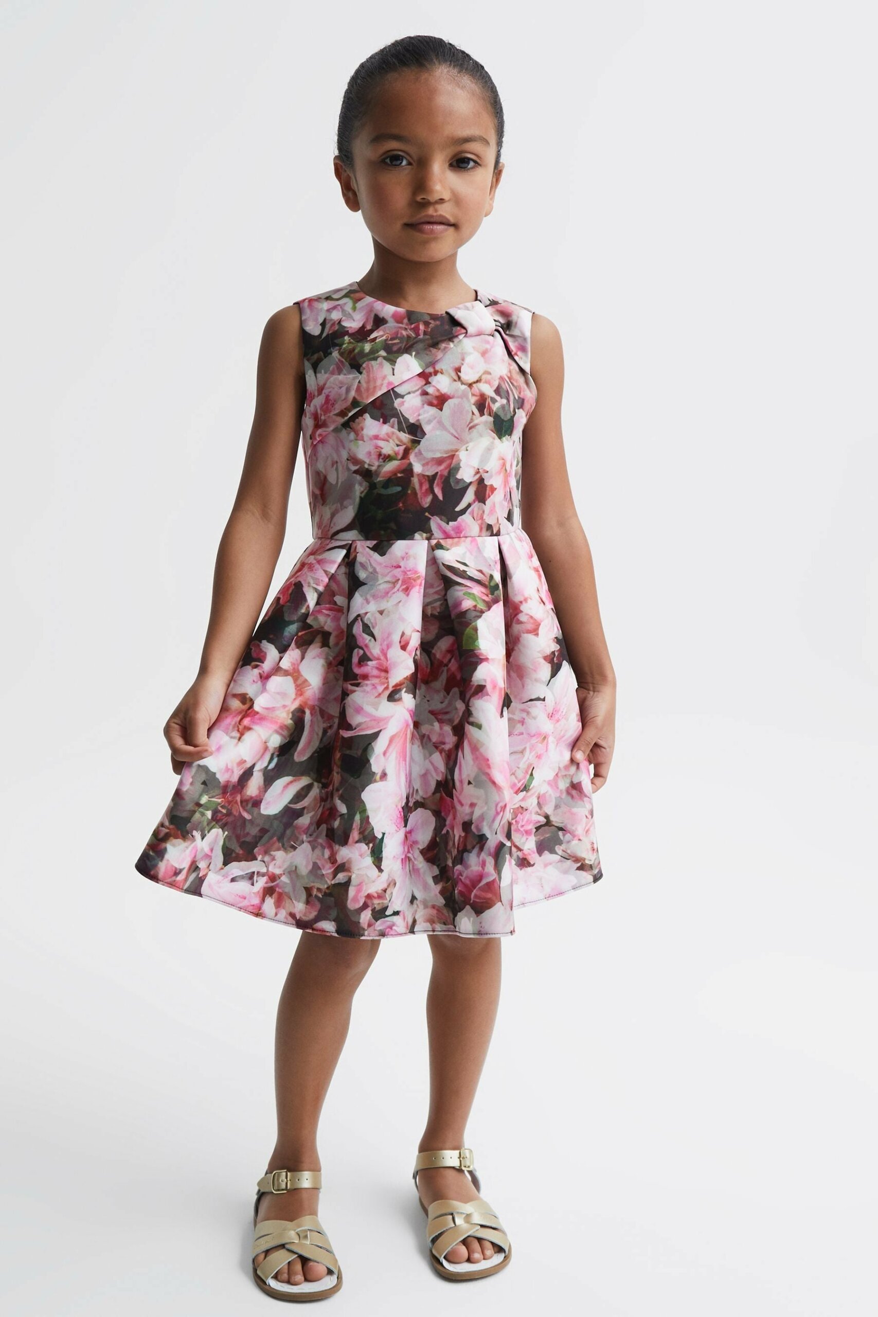 Emily Scuba Floral Printed Dress - Pink and Black, Size: 5
