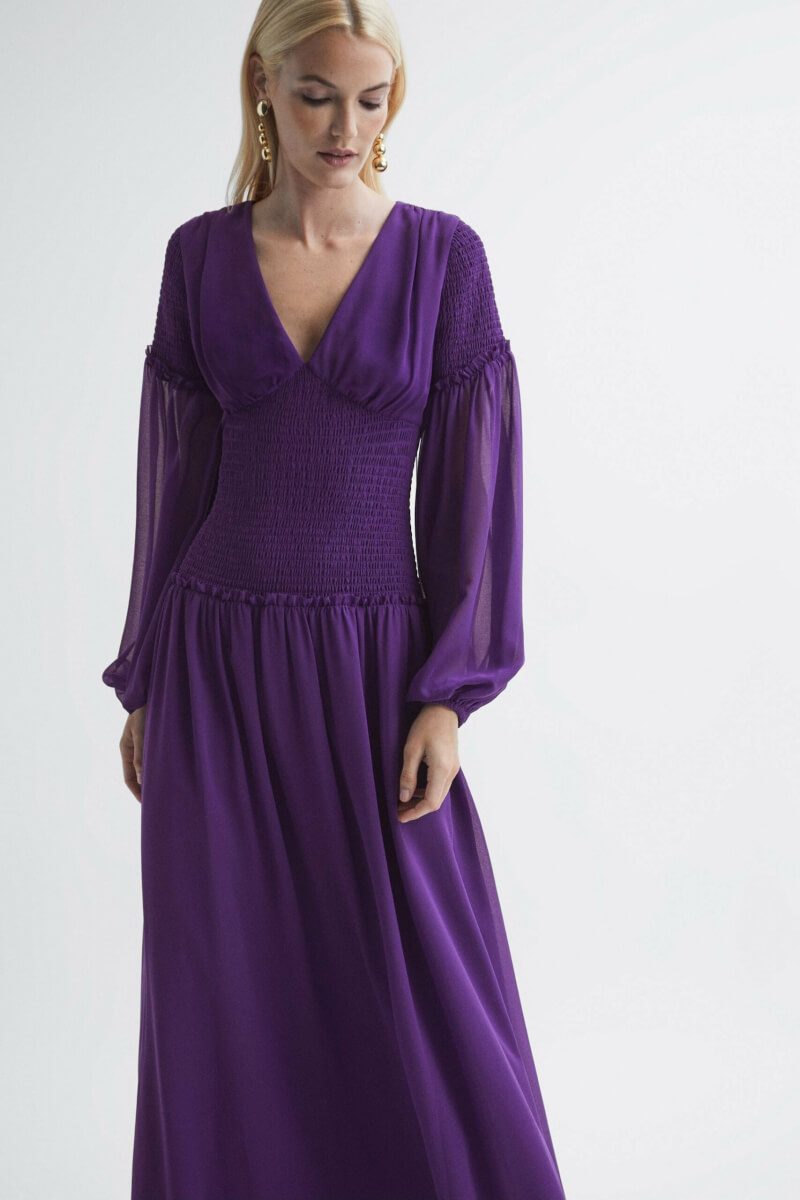 Florere - Plunge Neck Shirred Maxi Dress, Dark Purple
