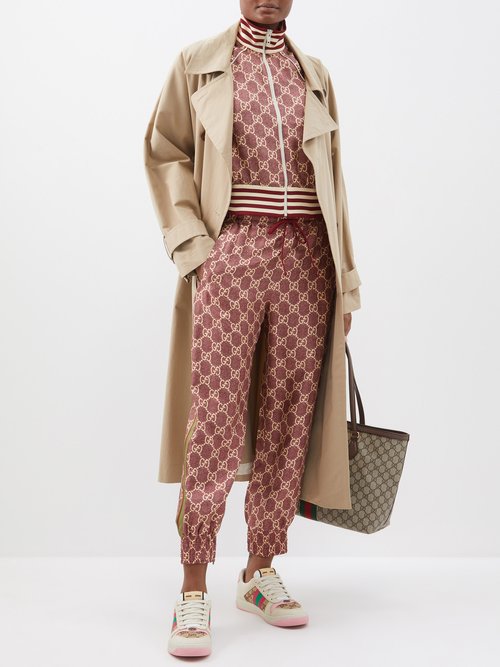 Gucci - Cropped Gg-supreme Silk-twill Trousers - Womens - Burgundy Multi