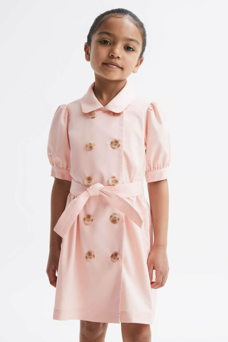 Naomi Puff Sleeve Belted Dress - Pink Plain, Size: 11