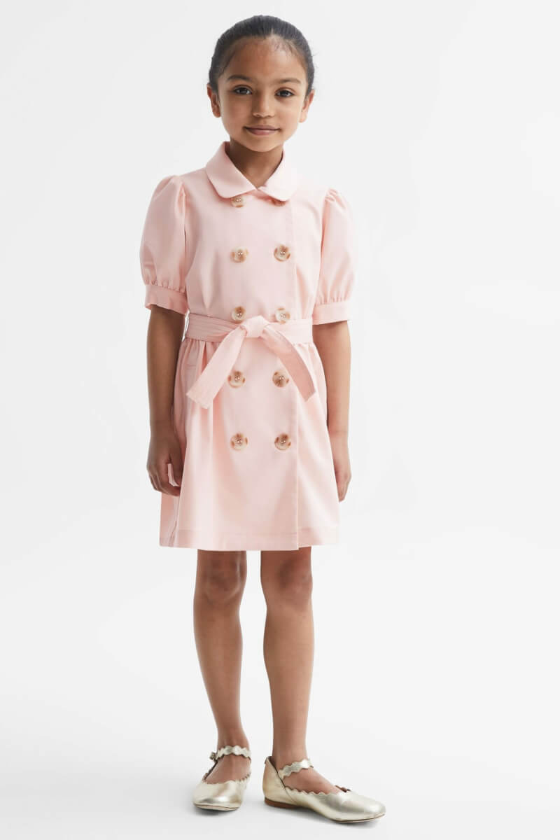 Naomi Puff Sleeve Belted Dress - Pink Plain