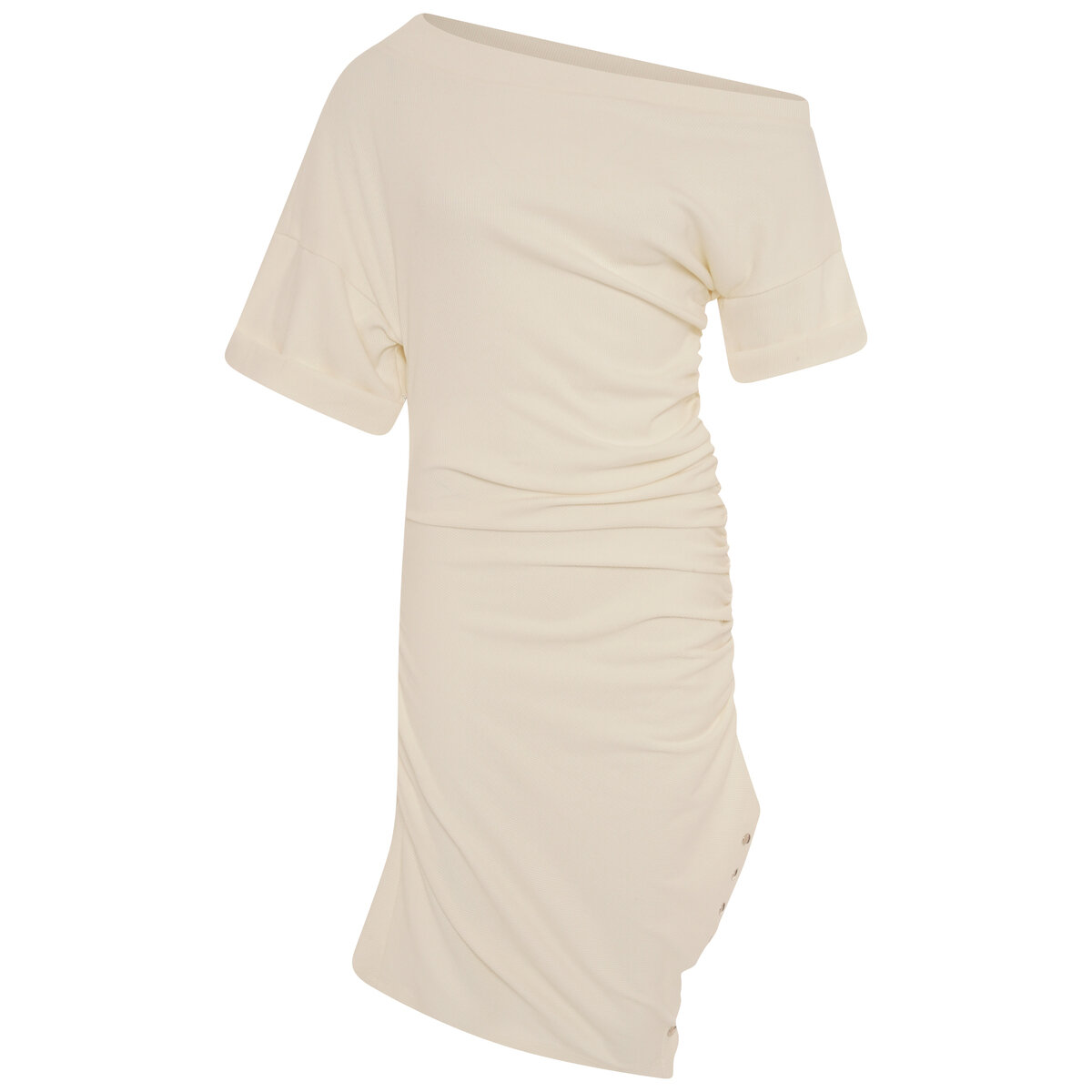Asymmetric Rib Knit Dress With Side Slit M Off White