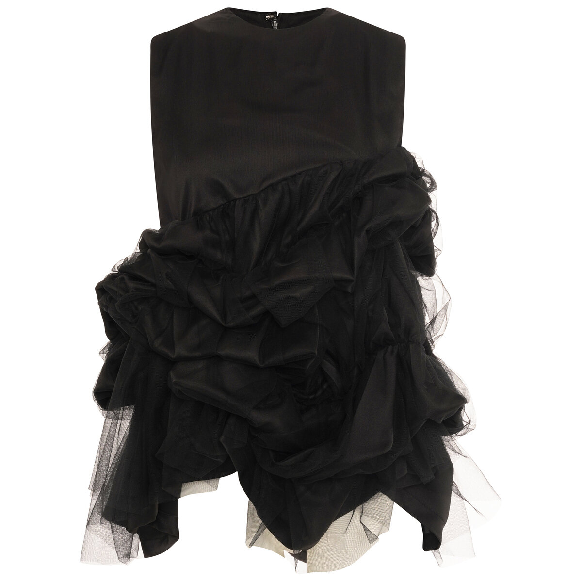 Asymmetric Ruched Tulle Top M Black