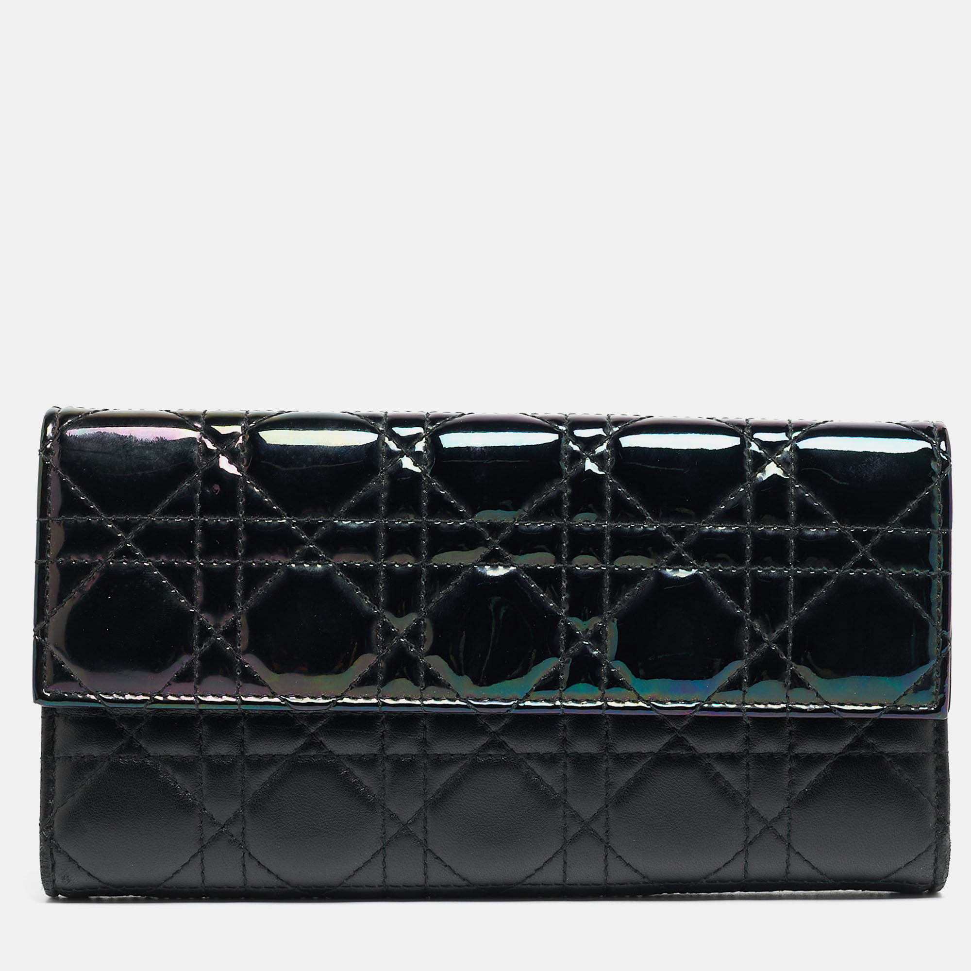 Dior Black Iridescent Cannage Patent and Leather Lady Dior Flap Wallet