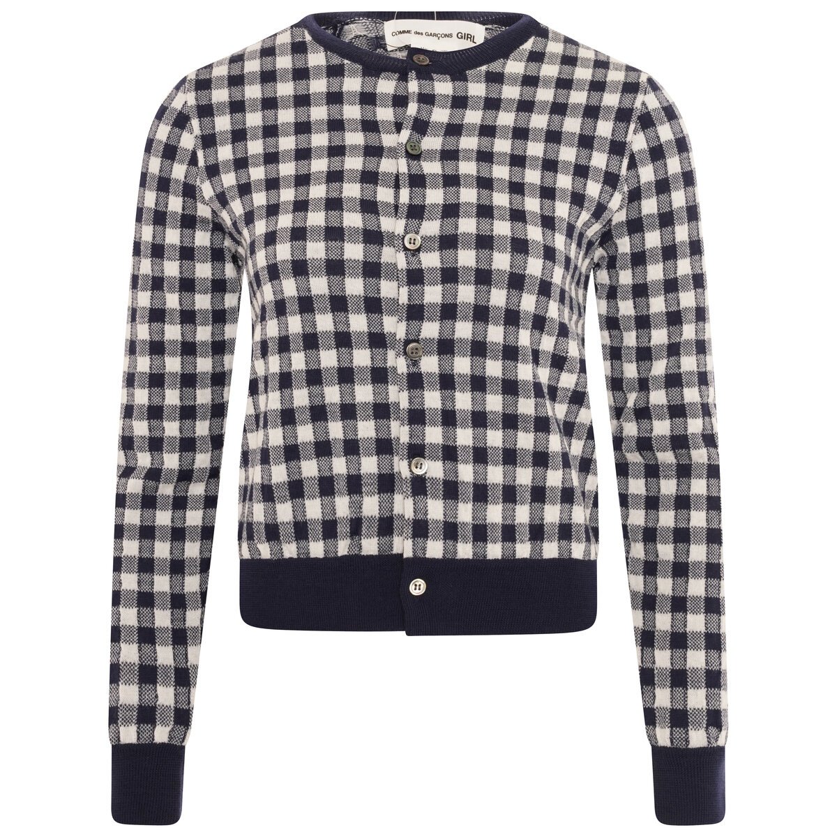 Gingham Check-pattern Wool Knit Cardigan S Navy