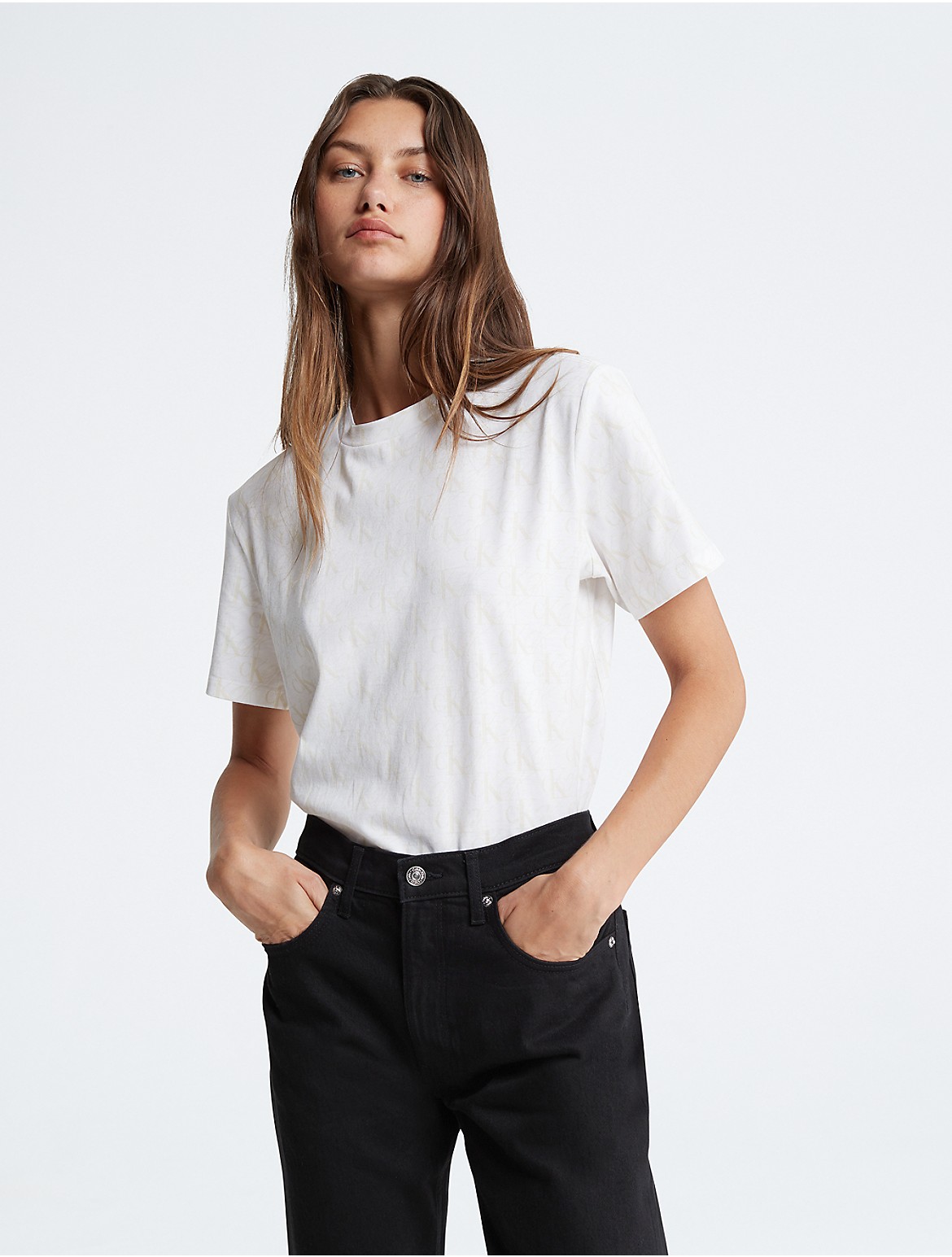 Calvin Klein Women's Allover Monogram Logo Crewneck T-Shirt - White - XS