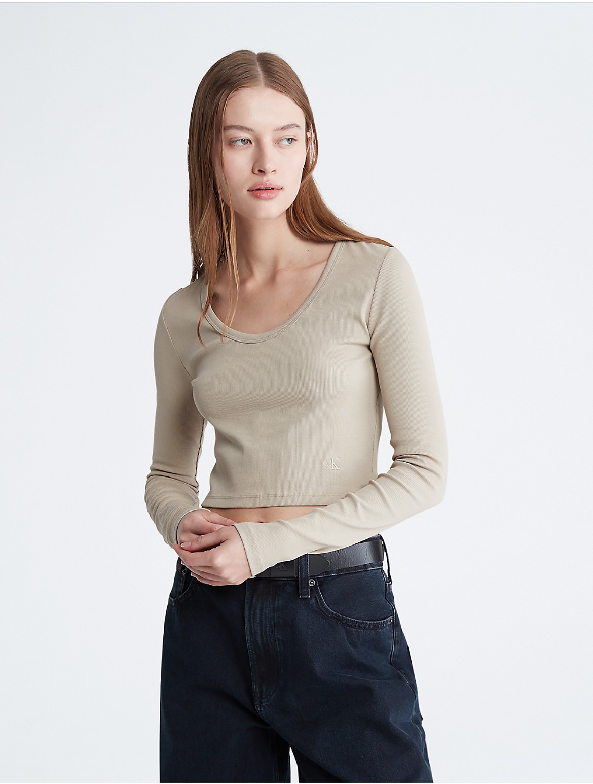 Calvin Klein Women's Contour Rib Cropped Long Sleeve T-Shirt - Brown - XS
