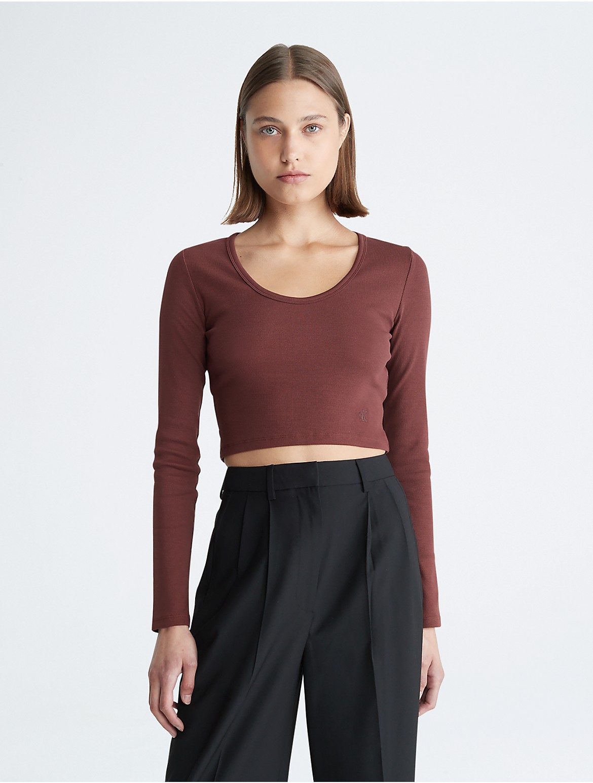 Calvin Klein Women's Contour Rib Cropped Long Sleeve T-Shirt - Red - M