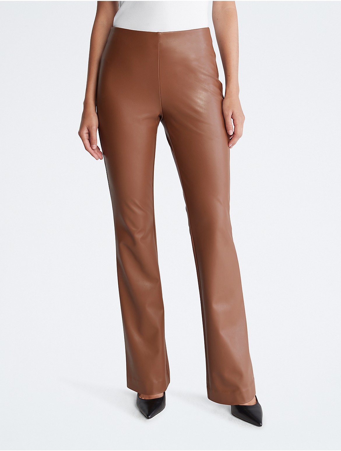 Calvin Klein Women's Faux Leather Flared Pants - Brown - XS