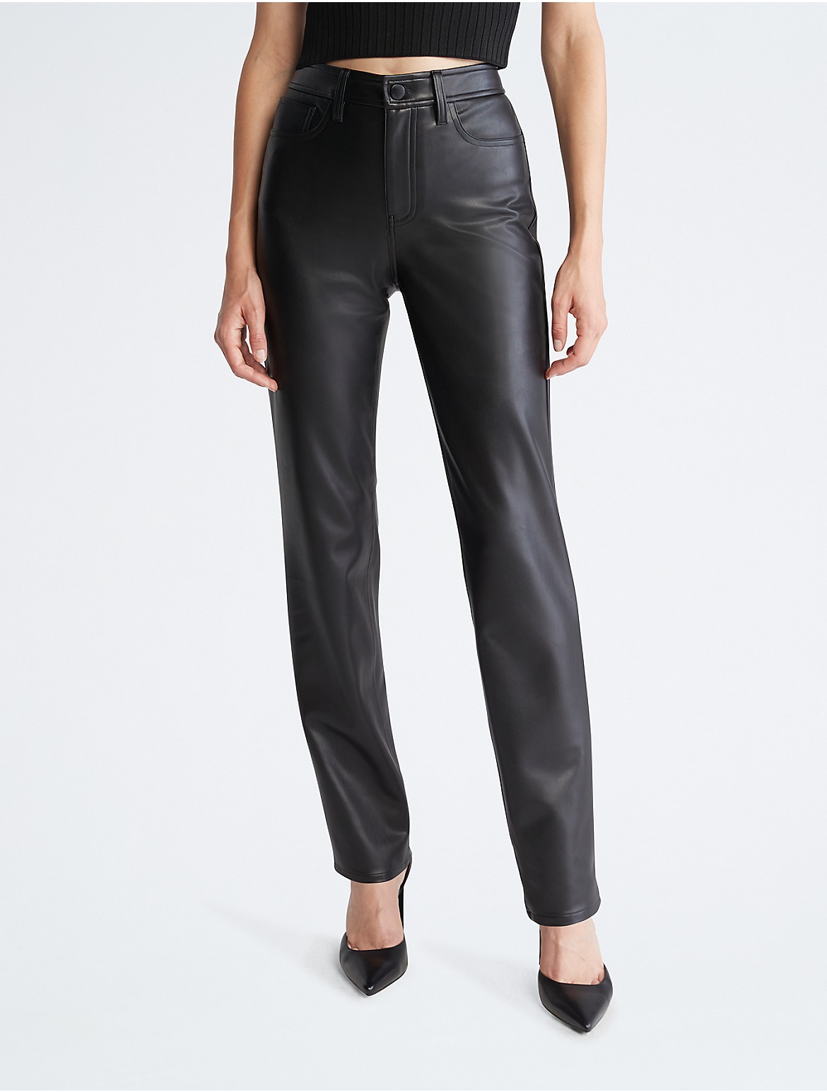 Calvin Klein Women's Faux Leather Straight Leg Pants - Black - 0