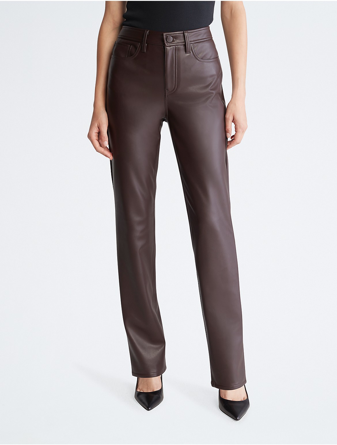 Calvin Klein Women's Faux Leather Straight Leg Pants - Brown - 0