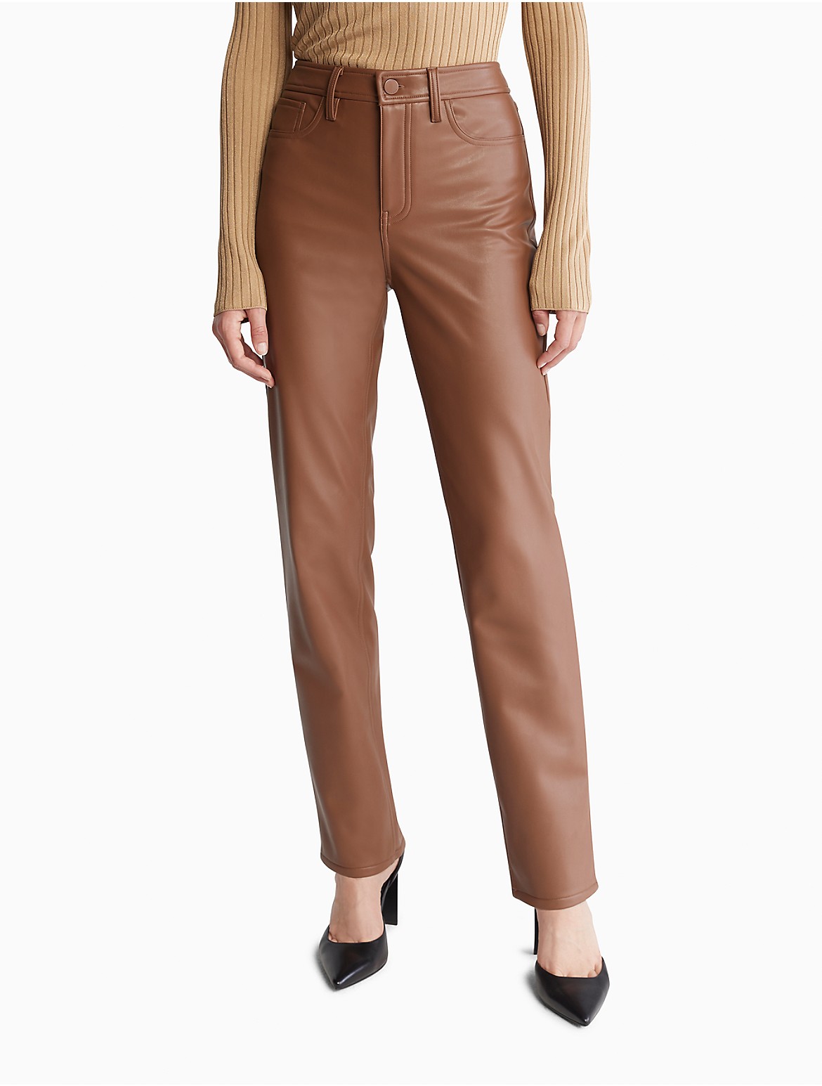 Calvin Klein Women's Faux Leather Straight Leg Pants - Brown - 2