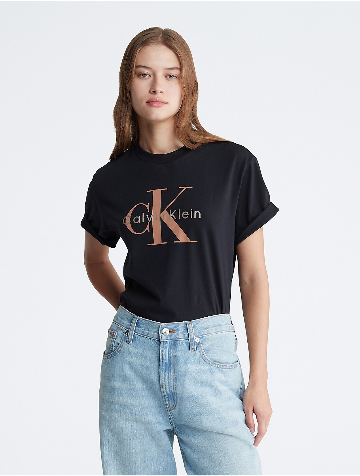 Calvin Klein Women's Metallic Monogram Logo Boxy Crewneck T-Shirt - Black - M