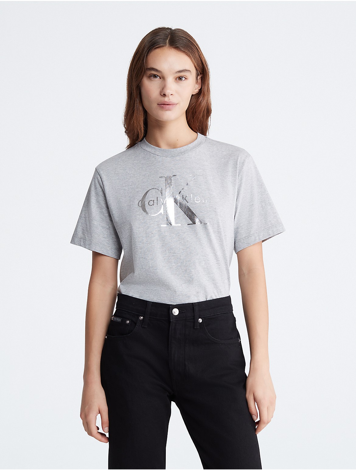 Calvin Klein Women's Metallic Monogram Logo Boxy Crewneck T-Shirt - Grey - S