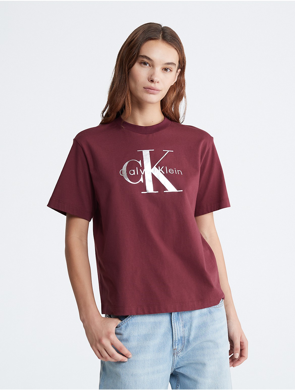 Calvin Klein Women's Metallic Monogram Logo Boxy Crewneck T-Shirt - Red - S