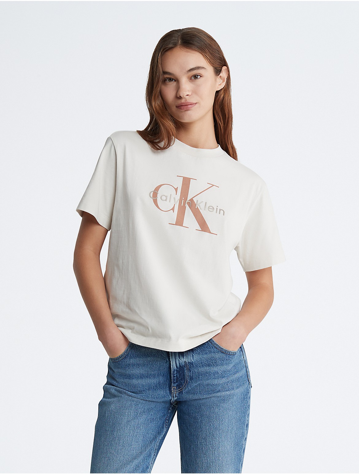 Calvin Klein Women's Metallic Monogram Logo Boxy Crewneck T-Shirt - White - M