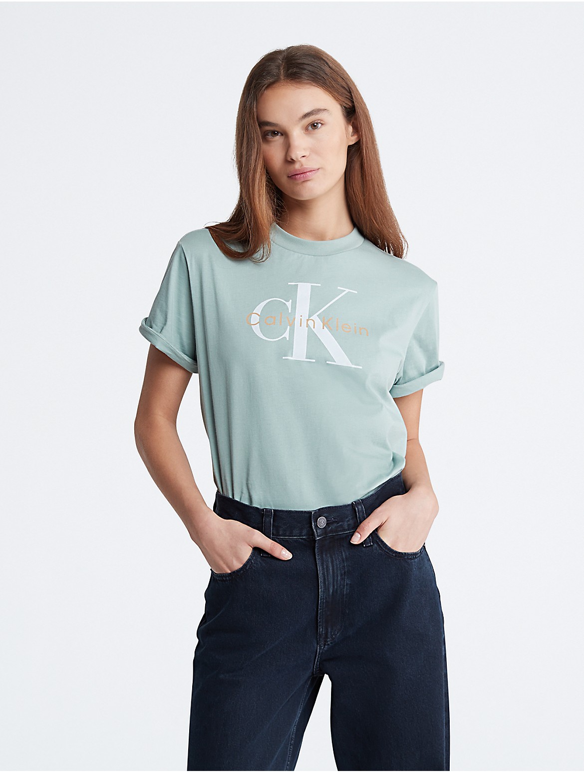 Calvin Klein Women's Monogram Logo Boxy Crewneck T-Shirt - Green - XS