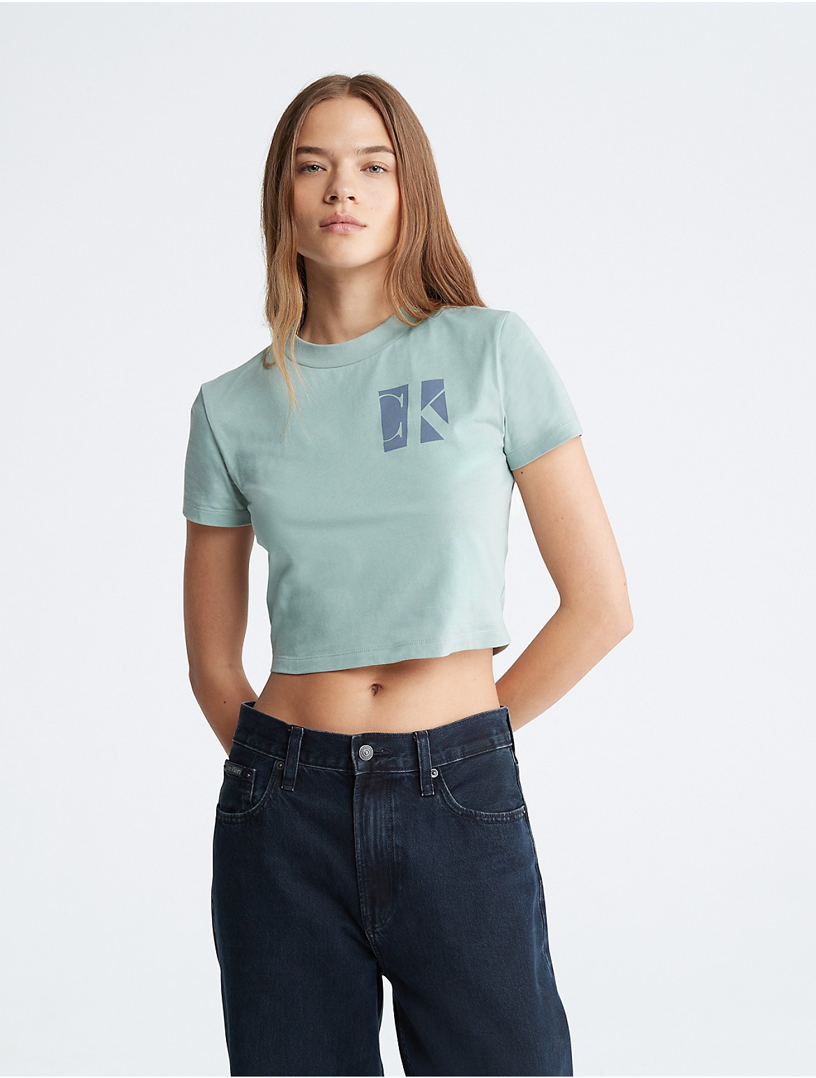 Calvin Klein Women's Monogram Logo Boxy Cropped T-Shirt - Green - XS