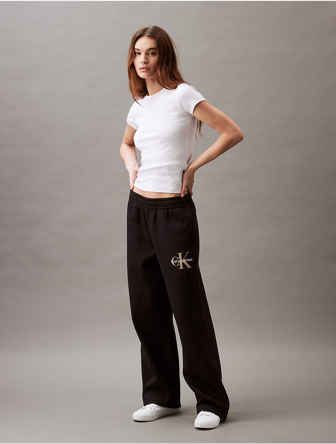 Calvin Klein Women's Monogram Logo Wide Leg Sweatpants - Black - S
