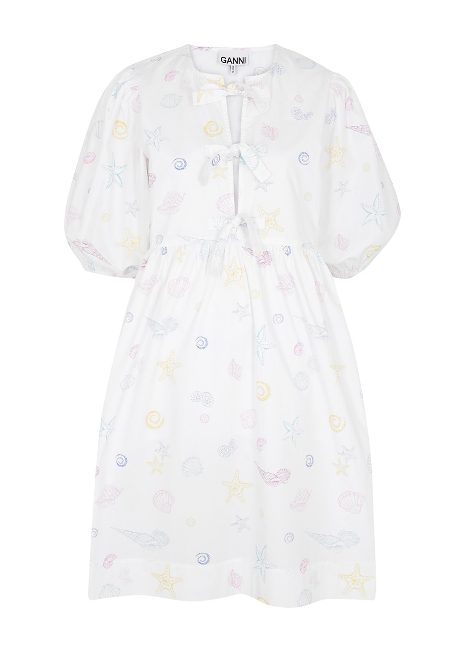 Ganni Printed Cotton-Poplin Mini Dress, Dress, White, Pleated Details - 8