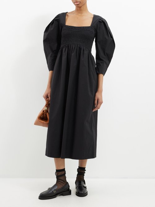 Ganni - Square-neck Smocked Cotton Midi Dress - Womens - Black